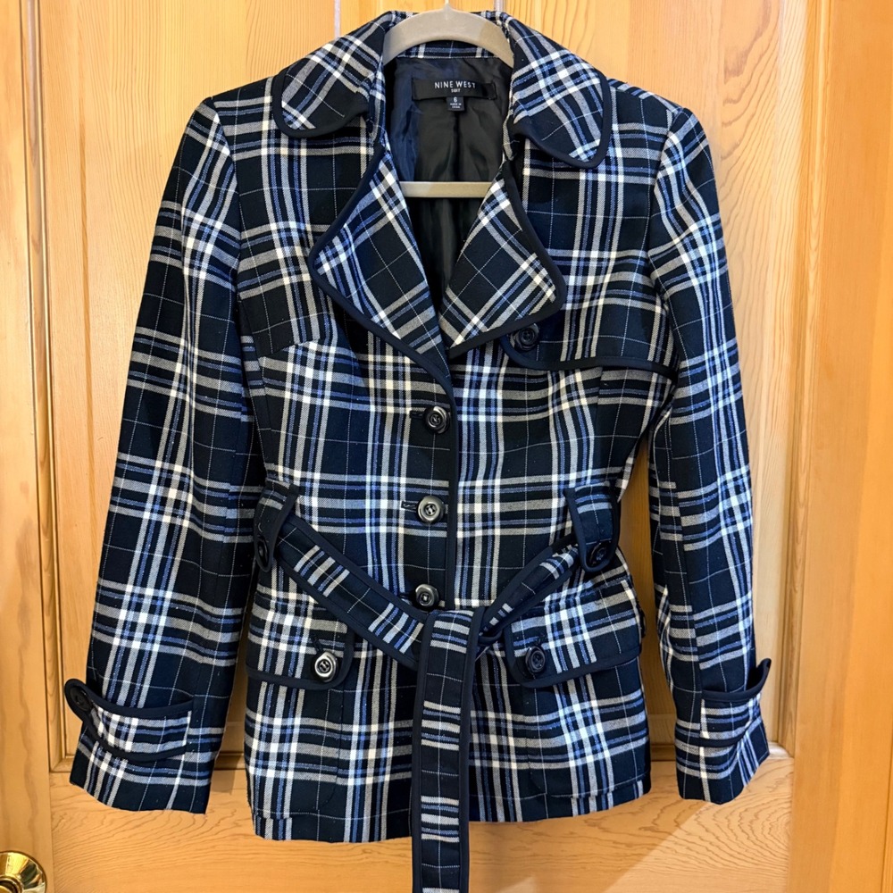 Nine West Suit Blazer 6 Navy Blue White Plaid Belted Button Jacket Office Fall